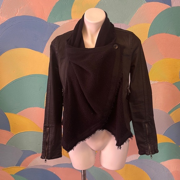 Free People Black vegan Leather denim Jacket with Shawl worn two ways sz2 - Picture 2 of 9